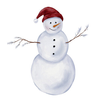 Charming snowman on isolated background. Snowman with festive red hat and twig arms. Vintage hand drawn watercolor illustration. For Christmas cards, winter stickers and new year design