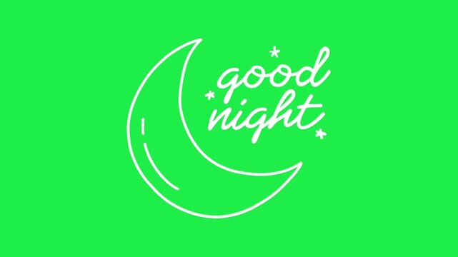 white line art crescent moon good night text vector illustration on green screen background for chroma key editing