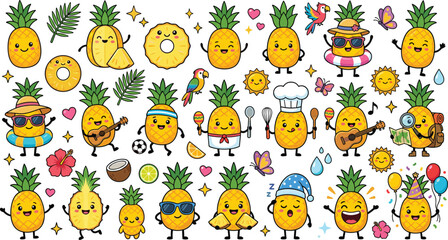 Fototapeta premium Cute Pineapple Cartoon Character Vector Icon Set Featuring Funny Summer Mascot Stickers in Various Poses Activities and Tropical Fruit Graphic Elements