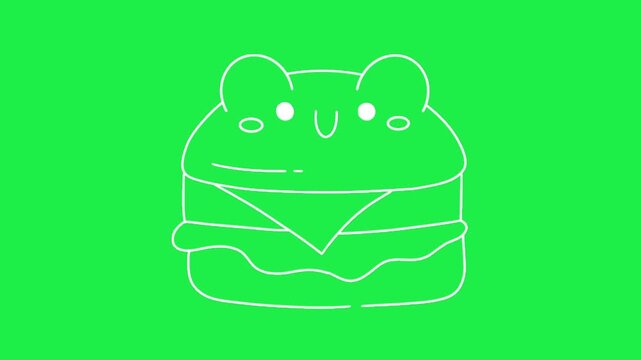 white line art cute frog burger icon vector illustration on green screen background for chroma key video editing