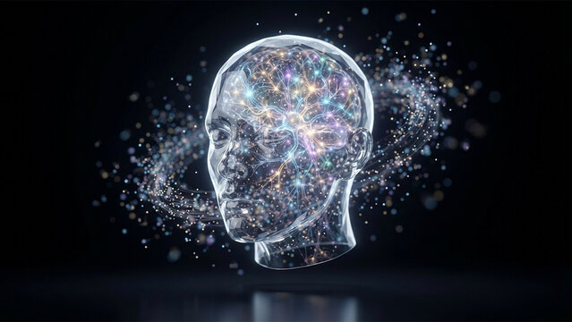 Advanced artificial intelligence concept featuring a glowing transparent human head with intricate neural networks and dynamic data particles on a dark background