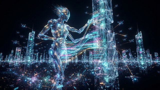 Futuristic Artificial Intelligence Humanoid Interacting with Digital Data Stream in Glowing Neon Cityscape Cyberpunk Concept A-06