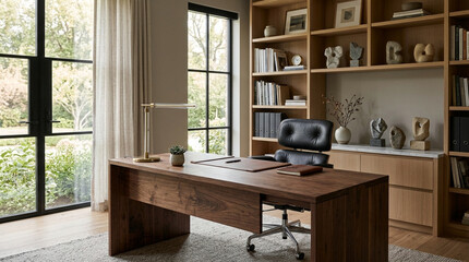 Obraz premium Modern Home Office with Large Window and Bookcase