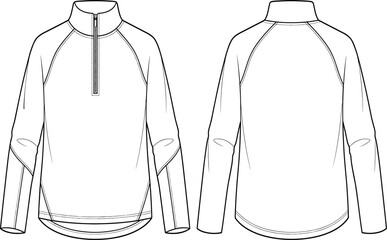 Men Quarter Zip Long Sleeve Fleece Sweatshirt Technical Flat Sketch Vector Template Front Back View © MstRowshan