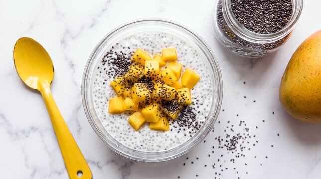 Overhead shot of mango chia seed pudding bowl with fresh mango cubes