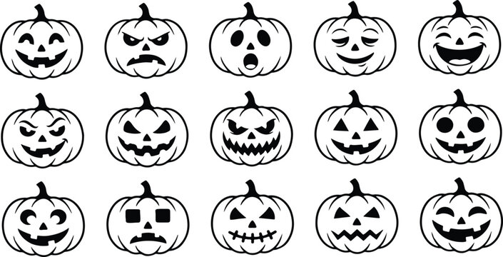 Halloween jack-o-lanterns collection with various spooky and funny carved pumpkin faces for decoration and design
