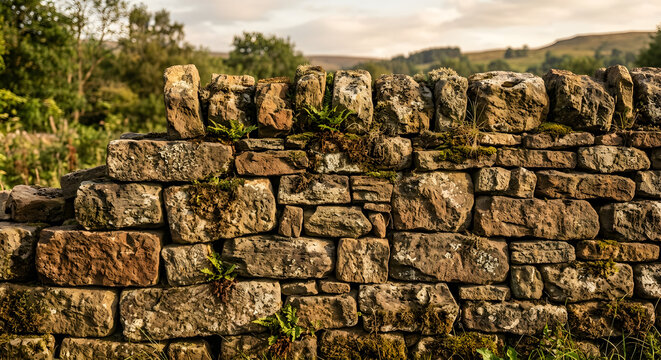 Rustic Old Stone Wall with Green Moss and Ferns in Countryside