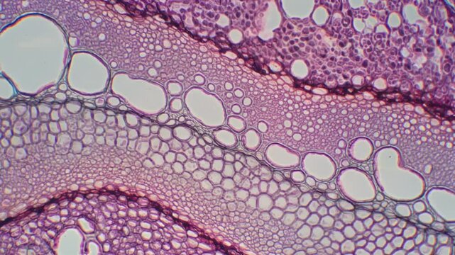 Microscopic cross section view of vascular plant stem tissue anatomy.