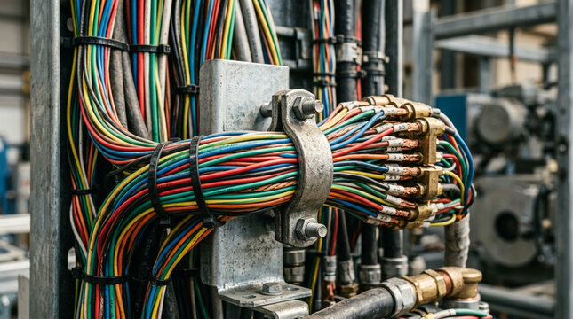 Colorful electrical wires and cables bundled together with zip ties and metal clamp