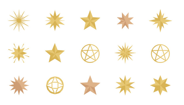 Decorative gold star and pentagram icons set on a clean off-white background.