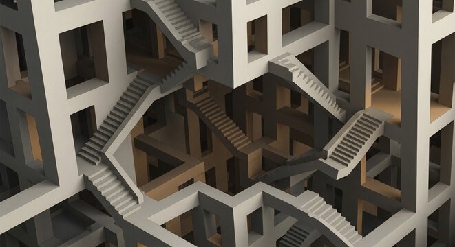 Staircases form an impossible architectural structure that loops endlessly in a complex geometric design.
