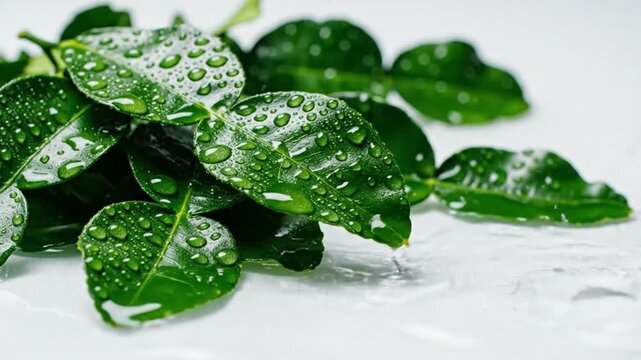 Fresh kaffir lime leaves being gently rinsed with water droplets, showing natural textures and details