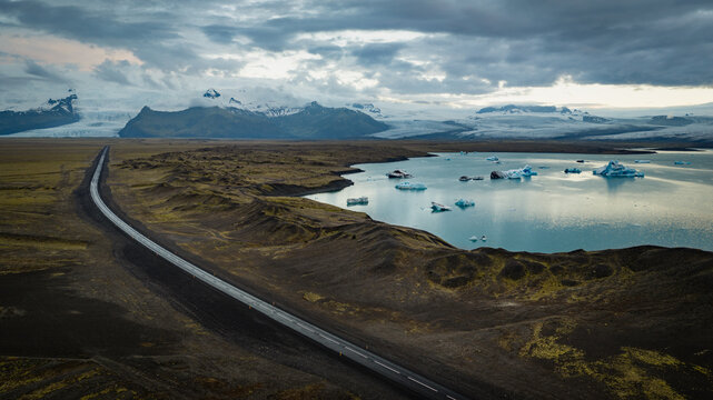 Aerial View of Empty Road Through the Iceland Highlands