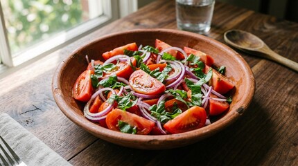 Fresh Mediterranean Tomato Salad with Thin Red Onion Rings and Torn Basil Leaves in Rustic Terracotta Bowl on Dark Wooden Table Near Bright Sunlit Window, Healthy Vegetarian Summer Food Photography,