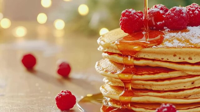 Stack of golden teff pancakes with honey pouring fresh raspberries powdered sugar in warm festive light