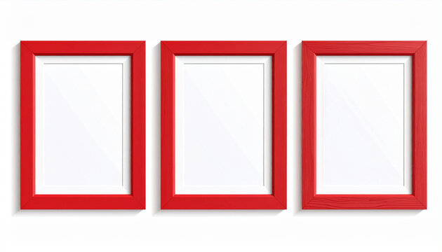 Three vertical empty red picture frames mockup on plain white background, copy space