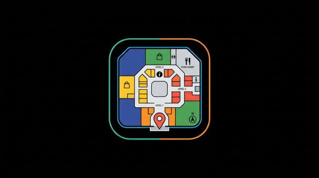Shopping mall map icon. Digital navigation floor plan for retail center directory.