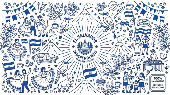 El Salvador Independence Day vector illustration, blue line art doodle set with national symbols, volcanoes and cultural icons