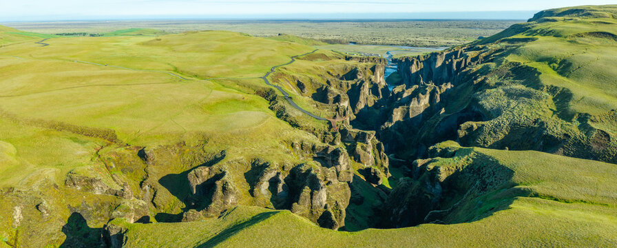 Aerial View of Fja&eth;r&aacute;rglj&uacute;fur Canyon in Summer, Iceland
