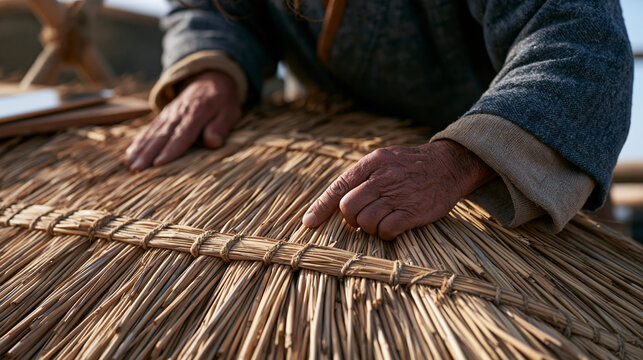 A thatcher working atop a traditional cottage roof in a crowded village festival, close up of weathered hands pressing reed bundles into a tight ridge formation, a website browser