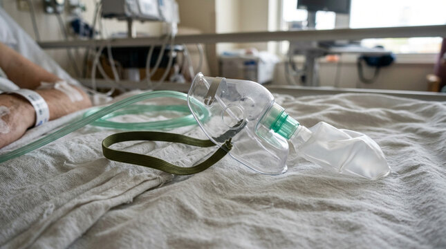 Hospital patient with oxygen mask on bed, close up on breathing apparatus