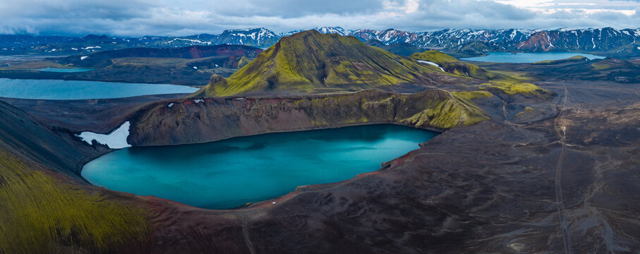 Aerial View of Iceland Highlands Crater Lake and Colorful Mountains
