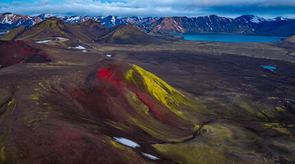 Aerial View of Iceland Highlands Crater Lake and Colorful Mountains © Lukas Gojda