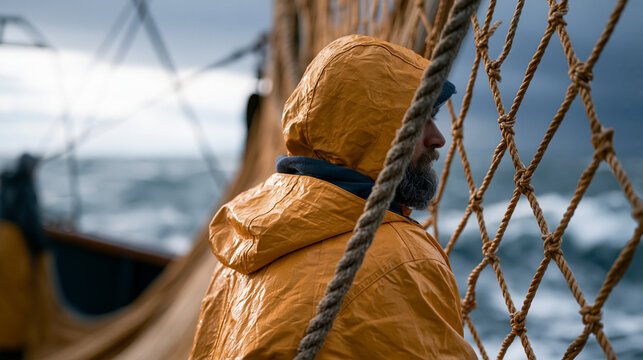 Commercial deep sea fishing crew hauling a netted catch on a heaving trawler beneath a brooding overcast sky, slickers glistening, ropes straining, waves cresting, maritime labor,