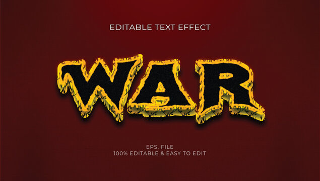 War editable text effect vector, fiery flaming border font style with dark texture on red background