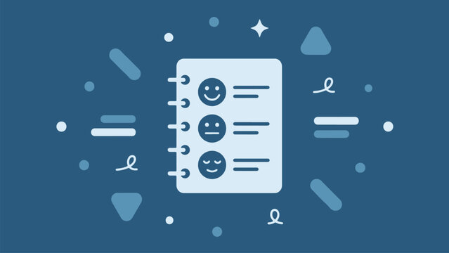 Mood tracking journal page. Daily emotional health diary with smiley face feedback icons.