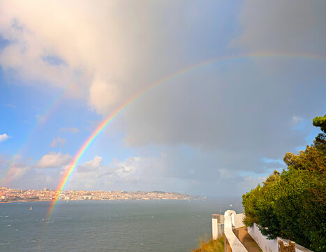 Rainbow cityscape skyline  Lisbon, Portugal