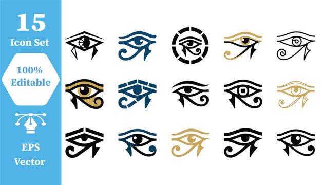 15 eye of horus and ancient egyptian symbol icons with egyptian, mythology