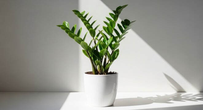 Green zz plant in a white pot with natural sunlight and shadows illustration