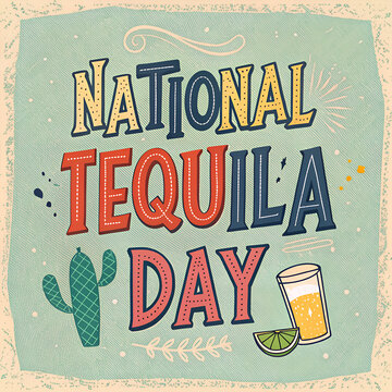 National tequila day with retro lettering, cactus, and drink.
