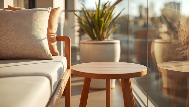 Outdoor balcony sofa with cushions and round wooden side table