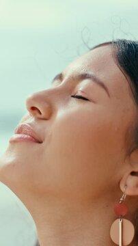 Breathing, peace and serenity with woman outdoor in summer for mindfulness or wellness. Calm, fresh air and person with eyes closed in nature for thinking, quiet contemplation or zen activity
