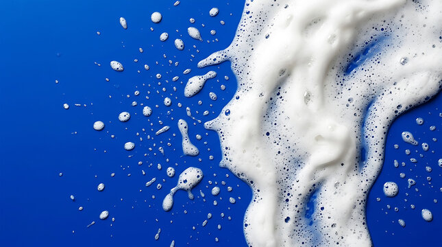 Creamy white soap lather flowing over blue bubbles, close-up