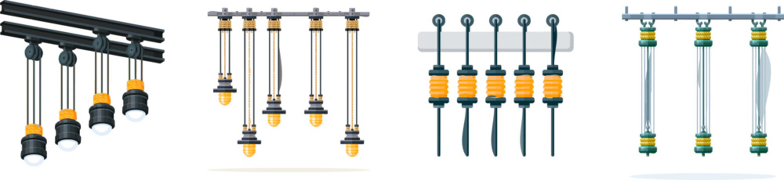 A minimalist vector illustration of a theater fly system, showcasing counterweight arbors with steel cables for stage scenery drops, rendered in a high-resolution side elevation view with a grey cast