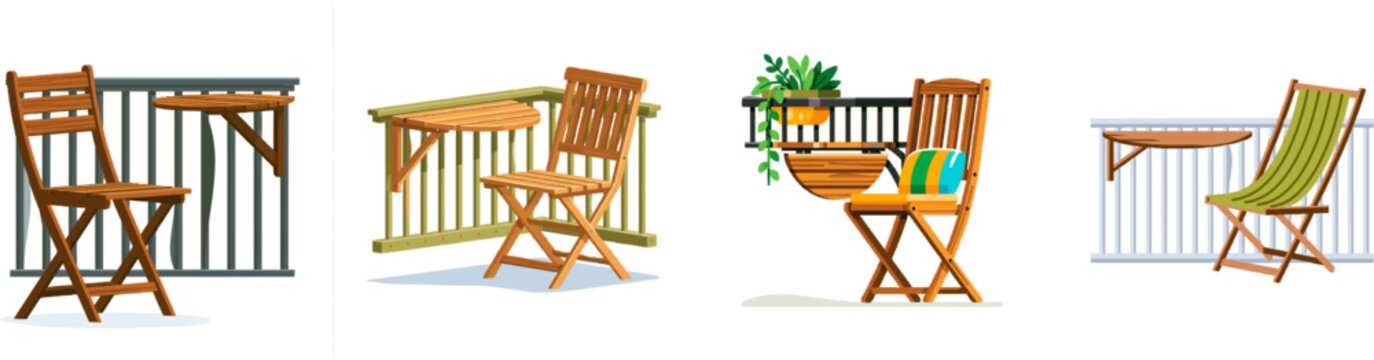 A minimalist flat 2D vector art of a tiny apartment balcony features a teak brown folding chair and a small wooden table with a drop-leaf design, all set against a clean, geometric backdrop in a