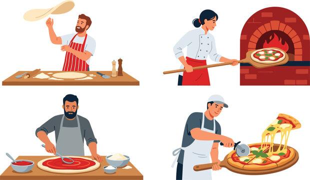 Pizza chef collection featuring dough tossing, wood fired oven baking, pizza preparation, slicing, Italian cuisine, and pizzeria cooking vector illustration set