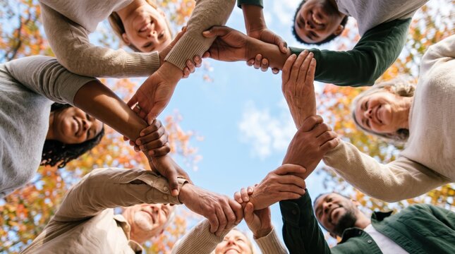 Diverse group of people forming a circle, supporting each other. Teamwork and unity in community setting.