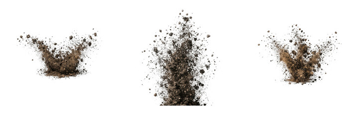 Fototapeta premium Dynamic brown earth and mud explosions scattering dirt particles and soil debris in mid air isolated on transparent background for gaming visual effects and design compositions