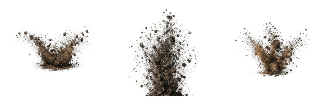 Dynamic brown earth and mud explosions scattering dirt particles and soil debris in mid air isolated on transparent background for gaming visual effects and design compositions