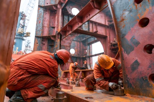 Industrial workers in hard hats and jumpsuits working inside a giant steel structure