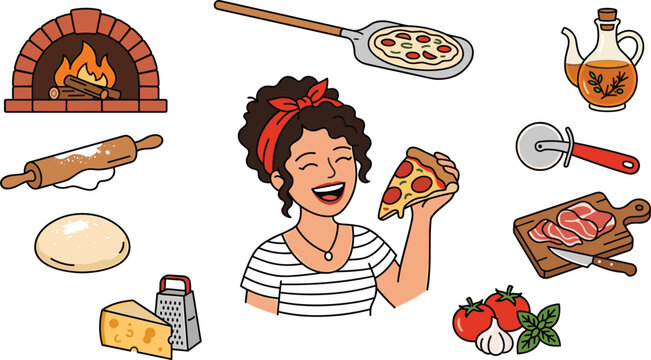 Italian pizza cooking collection featuring smiling woman eating pizza, wood fired oven, dough preparation, olive oil, cheese, fresh ingredients, and pizzeria vector set