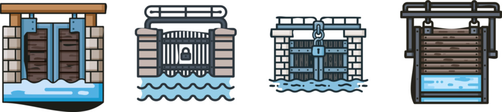 This minimalist canal lock gate illustration features clean dark outlines, solid wood gates with steel frames, and water blue flat colors against a white background