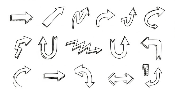 Hand-drawn arrow collection. Doodle directional signs on white background.