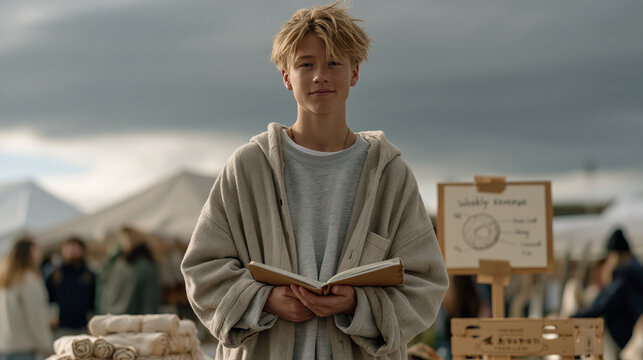 A teenage entrepreneur with a notebook stands under an overcast dramatic sky at an outdoor pop-up market stall, a handwritten donut chart showing weekly revenue breakdown taped to