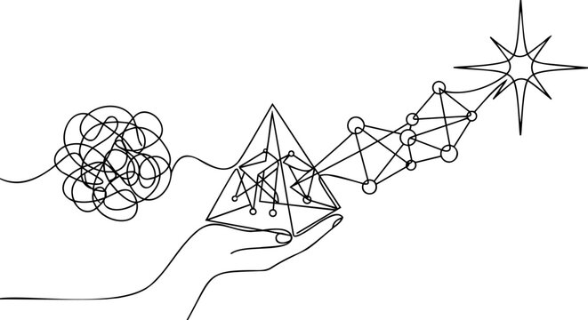 Continuous one line drawing of generic hand holding geometric pyramid with network nodes turning chaos into bright star for problem solving concept vector