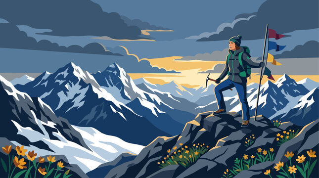 Mountain climber standing on peak at sunset, adventurous hiker with ice axe and flags overlooking snowy mountain range, vintage travel poster vector